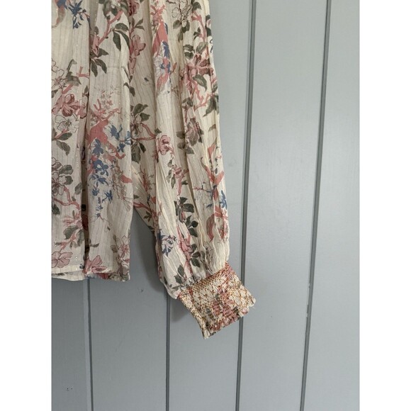 Anthropologie Top XXS Long Sleeve Smocked Lurex Bohemian Cream Pink Boho - Picture 2 of 8